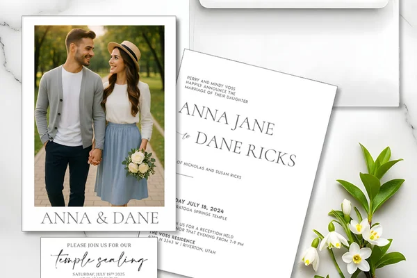 Elegant ivory wedding invitation suite with white envelope and gold details