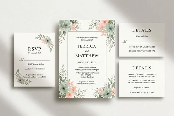 Sage green floral wedding invitation with matching insert cards