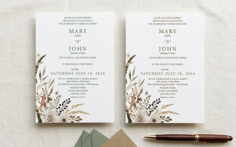 Before and after comparison of a wedding invitation proof showing revision changes