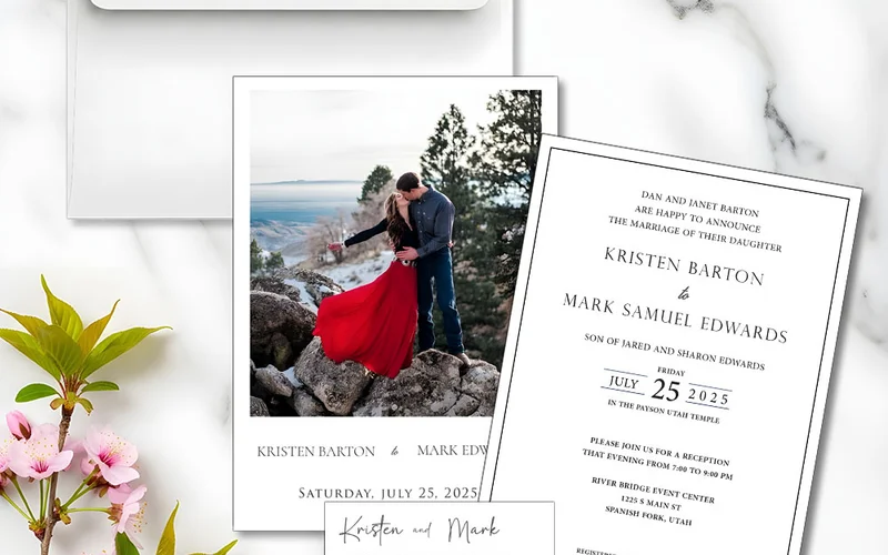 Complete wedding invitation suite with matching insert cards for reception, open house, and registry details