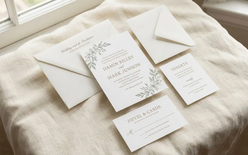 Elegant Latter-day Saint wedding invitation designs displayed with envelopes and insert cards
