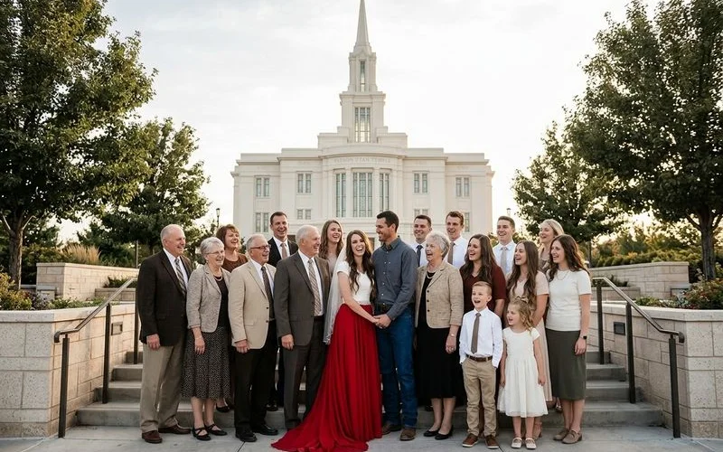 Family gathered outside a Latter-day Saint temple on a wedding day with the bride and groom