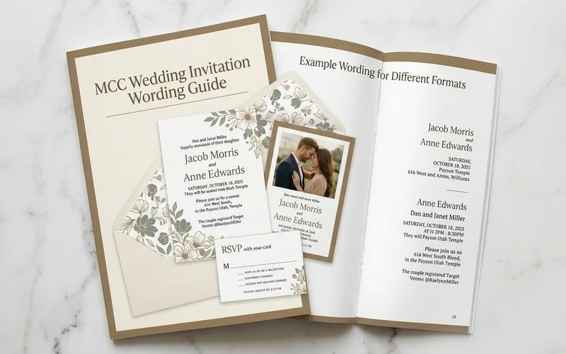 Latter-day Saint wedding invitation wording guide showing multiple template examples and formats