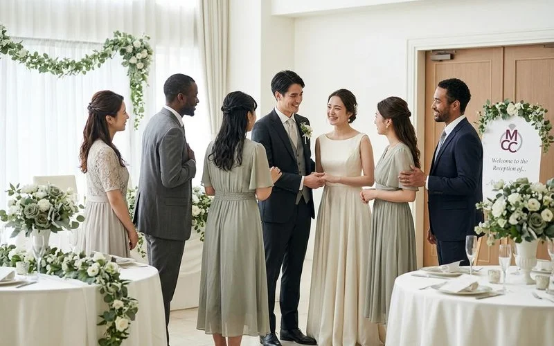 Open house wedding reception with guests greeting the couple at the celebration
