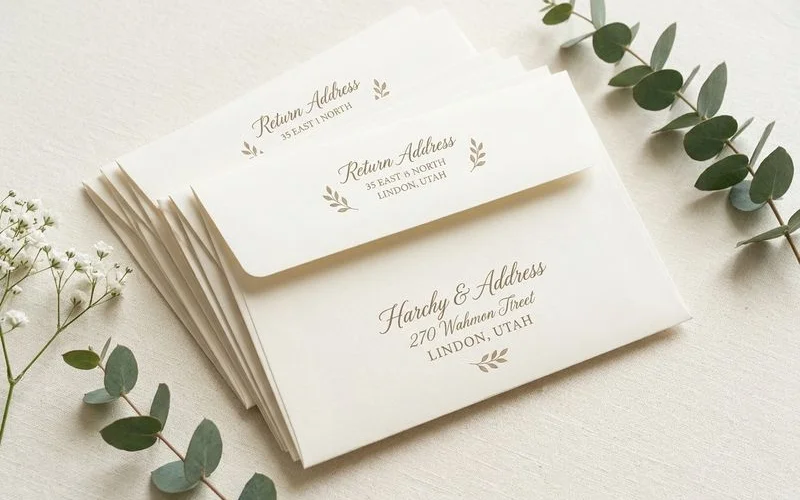 Professionally printed wedding invitation envelopes with calligraphy-style guest addresses and matching return address