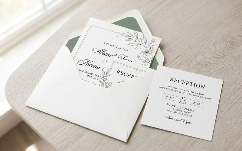 Wedding invitation suite showing sealing insert card alongside reception card inside envelope